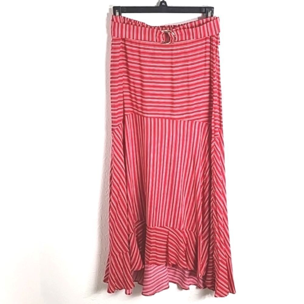 Jennifer Lopez Red & White Stripe High-Low Skirt with Ruffles,  Size Small